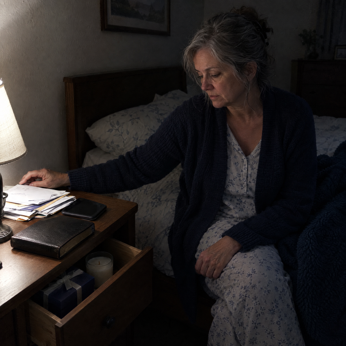 Closed Bible on a nightstand at night