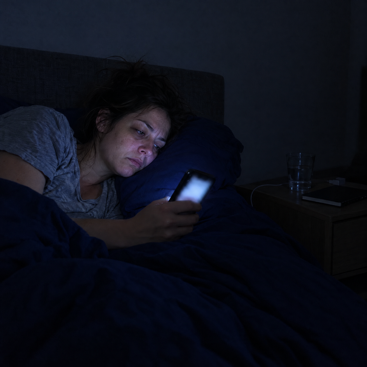 Woman scrolling her phone late at night