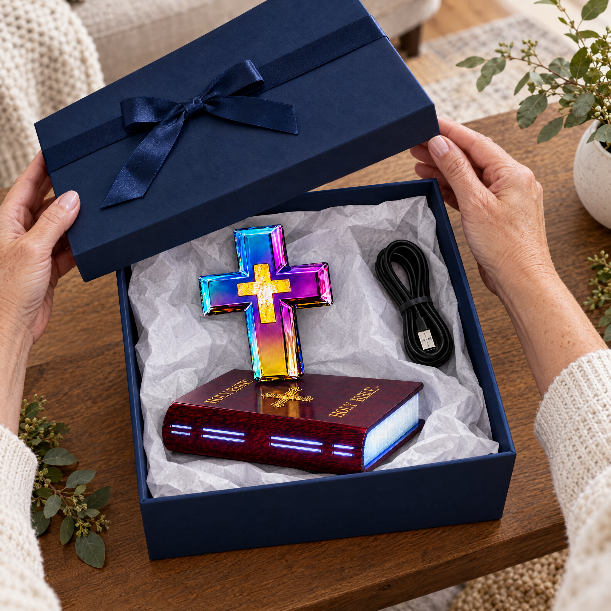 Floating cross lamp inside a gift box