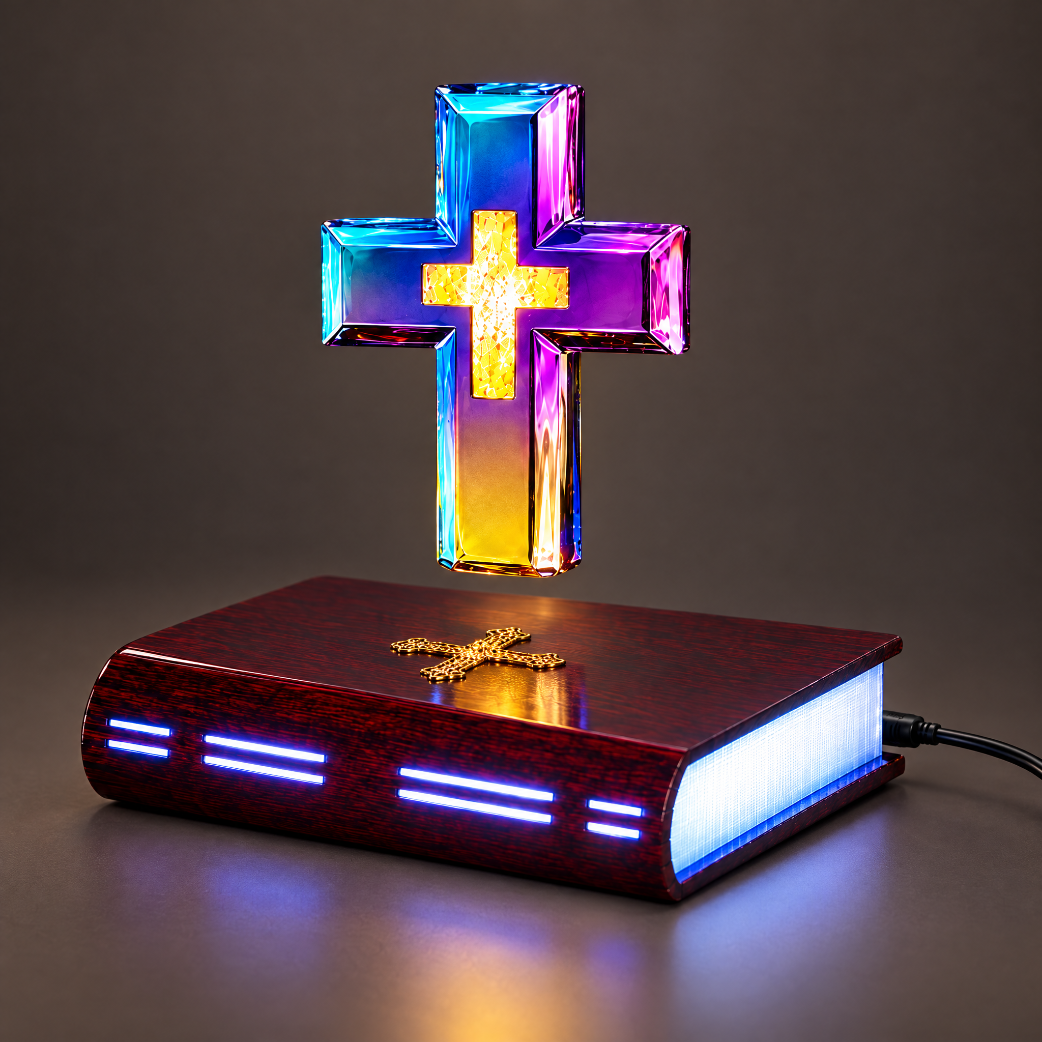 Floating cross levitating above the Bible base