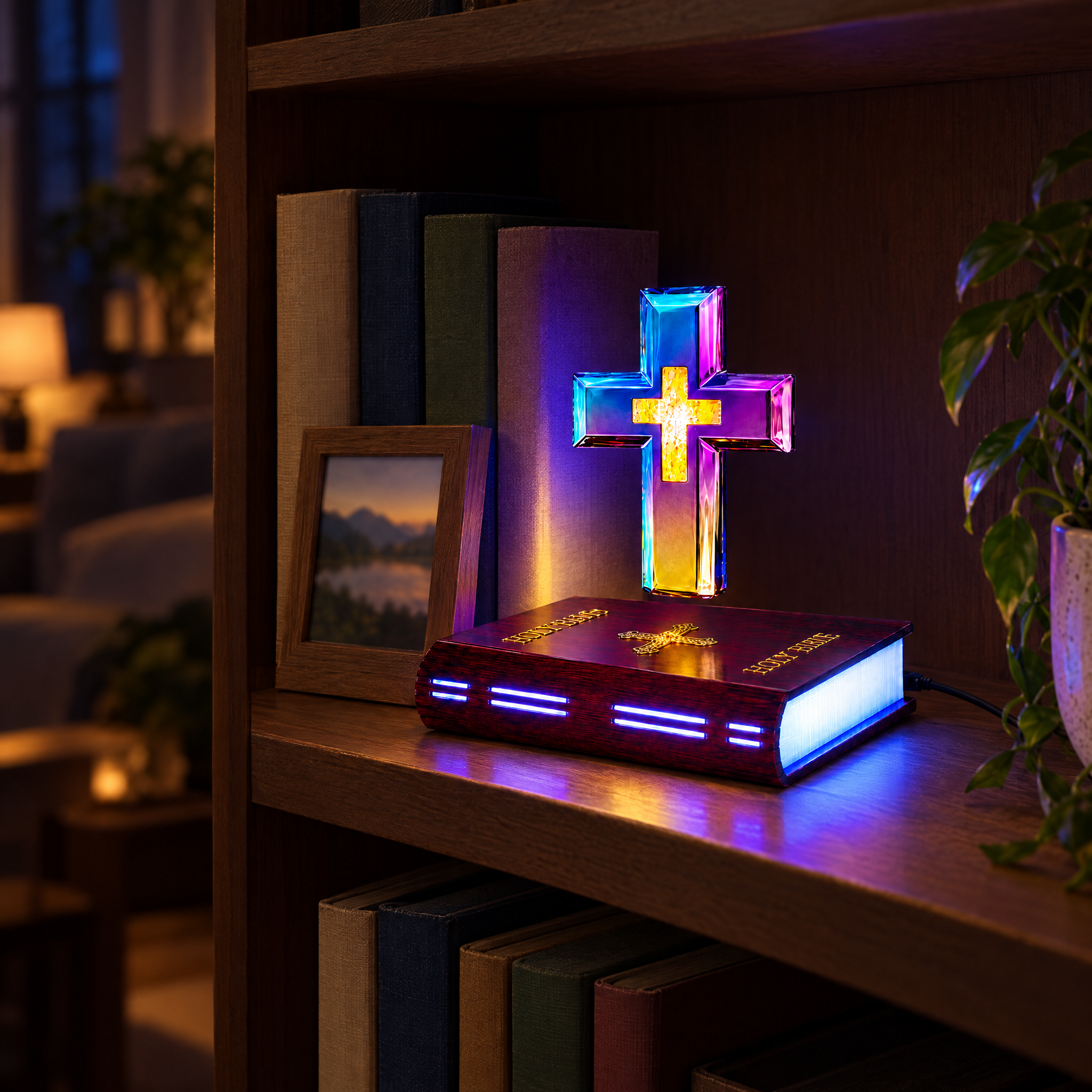 Floating cross lamp glowing on a bookshelf at night