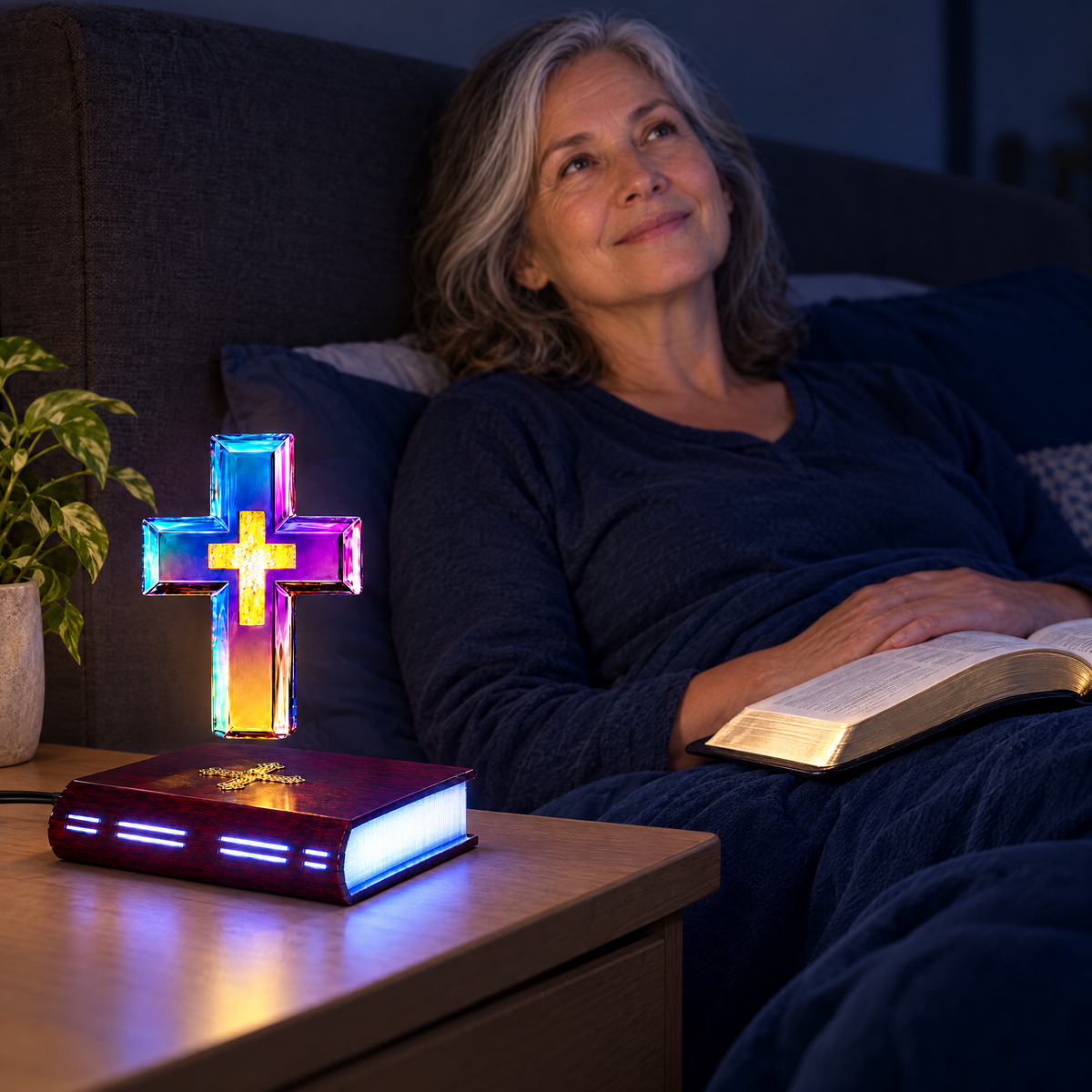 Floating cross lamp glowing on a nightstand
