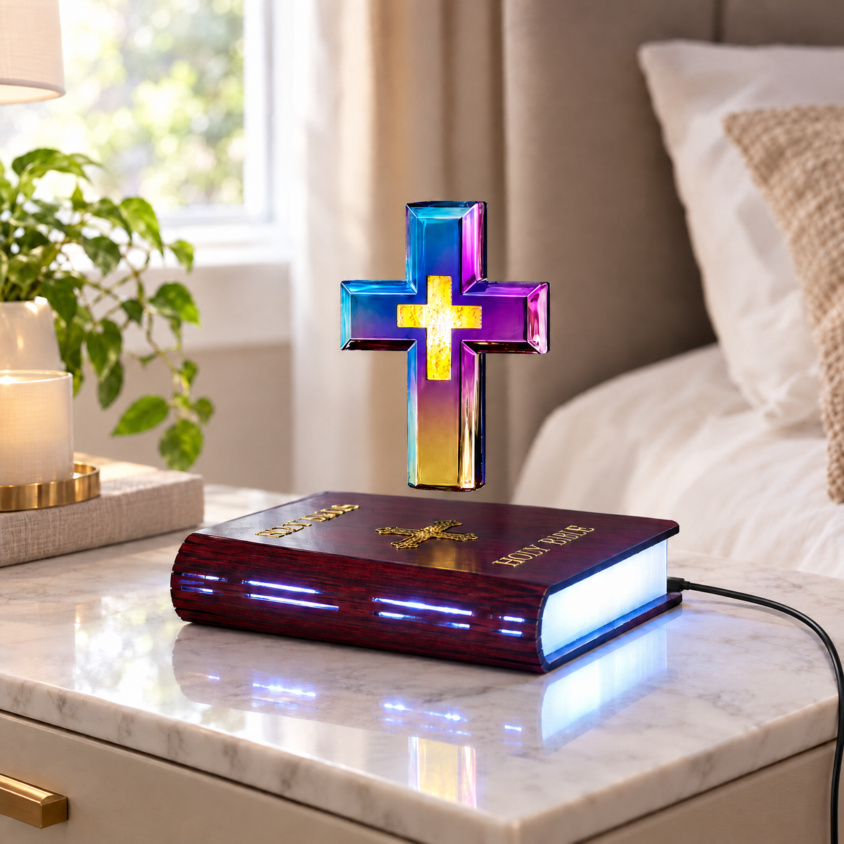 Floating cross lamp glowing on a bedroom nightstand